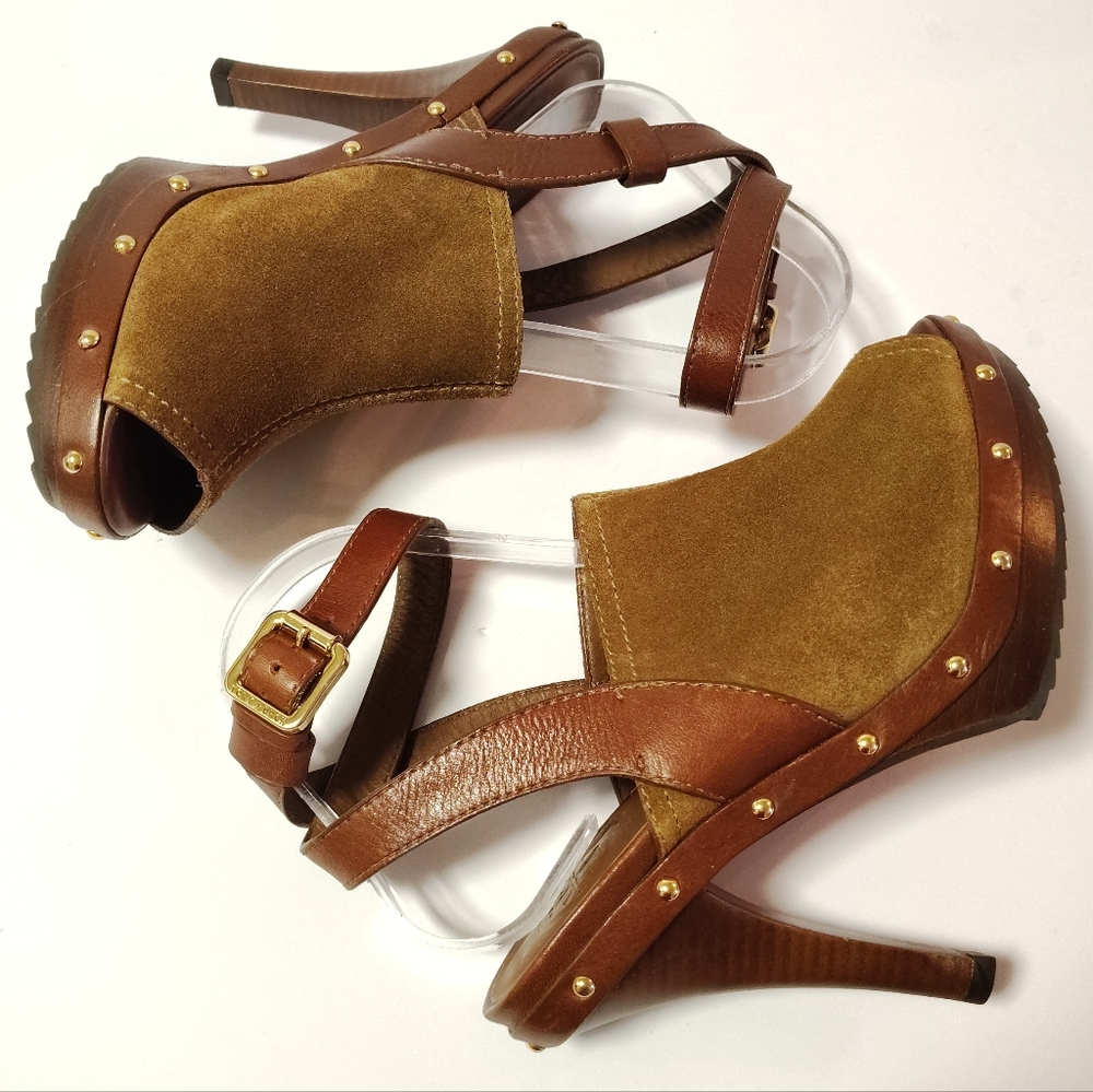 Tory Burch Women's Bilson Suede Ankle Closure Peep Toe Studded Pumps Brown 7.5 - Picture 6 of 10